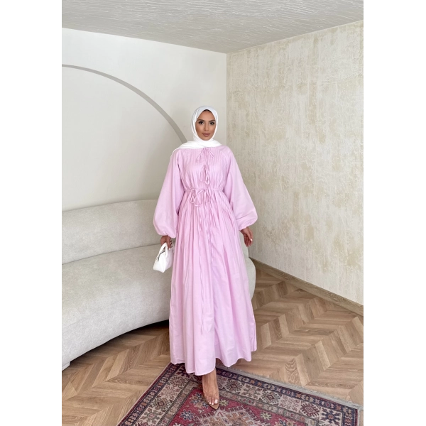 Nervür Bağlamalı Vual Elbise - Pembe