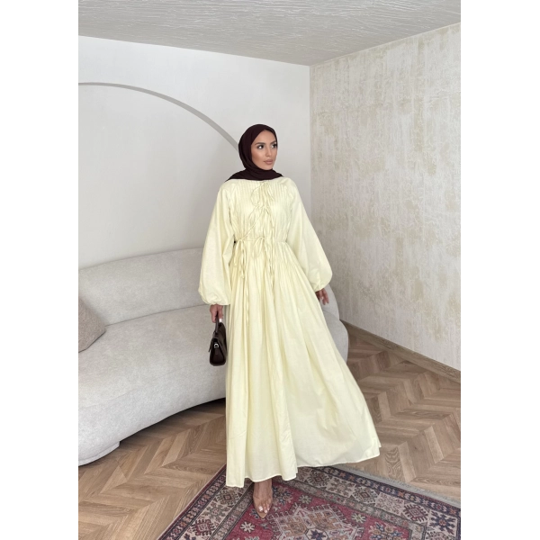 Nervür Bağlamalı Vual Elbise - Sarı -