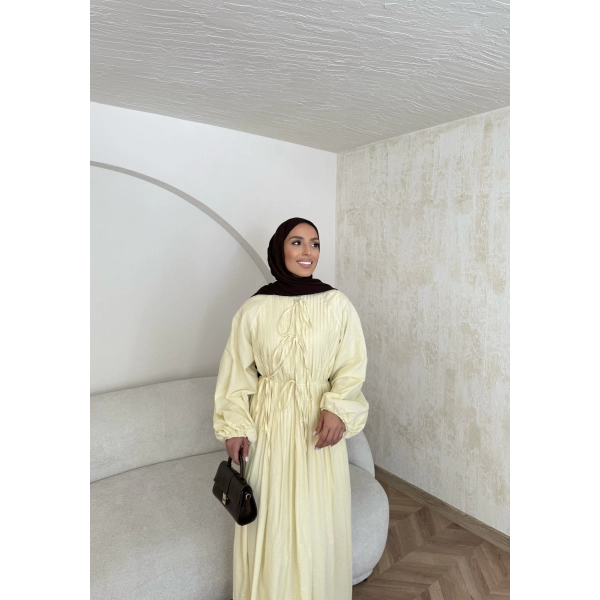 Nervür Bağlamalı Vual Elbise - Sarı -