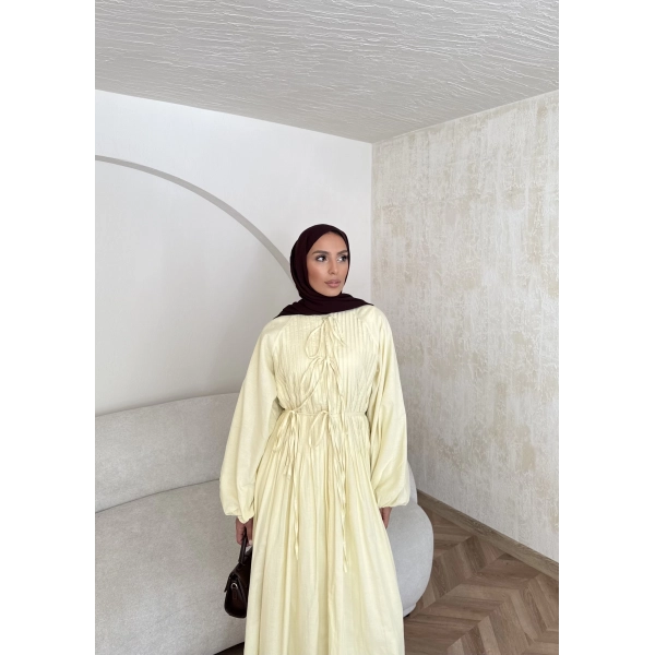 Nervür Bağlamalı Vual Elbise - Sarı -