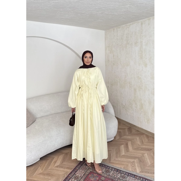 Nervür Bağlamalı Vual Elbise - Sarı -