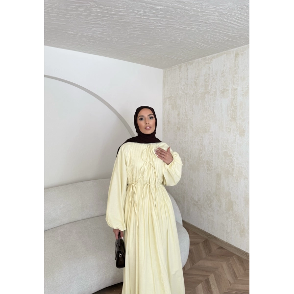Nervür Bağlamalı Vual Elbise - Sarı -