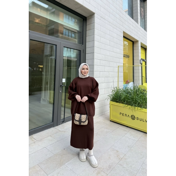 Nes Balon Kol Etekli Triko Takım - Acı Kahve