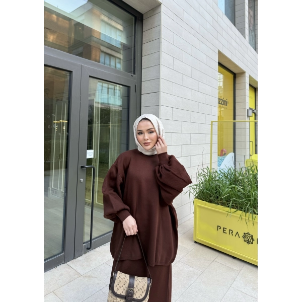 Nes Balon Kol Etekli Triko Takım - Acı Kahve