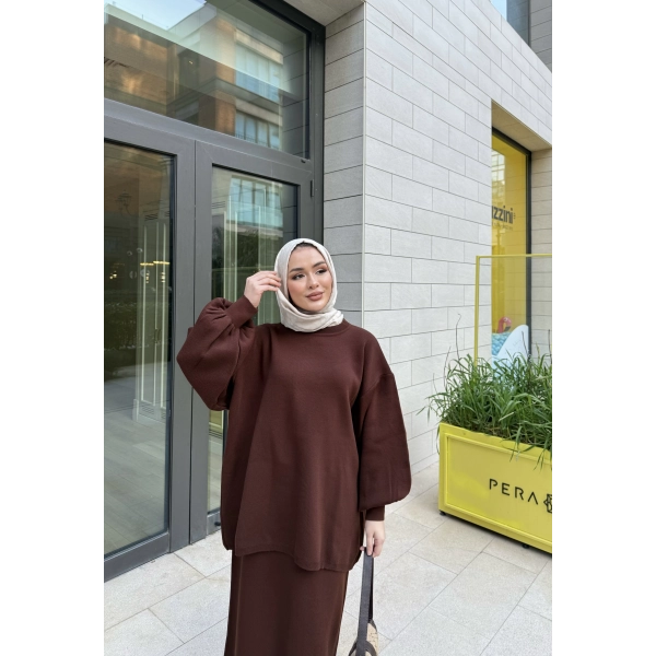 Nes Balon Kol Etekli Triko Takım - Acı Kahve