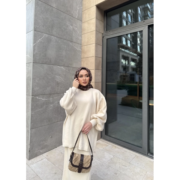 Nes Balon Kol Etekli Triko Takım - Bej