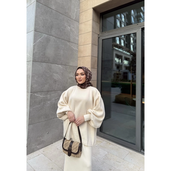 Nes Balon Kol Etekli Triko Takım - Bej