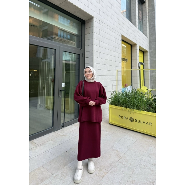 Nes Balon Kol Etekli Triko Takım - Bordo