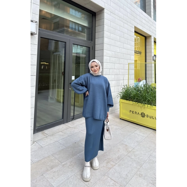 Nes Balon Kol Etekli Triko Takım - Indıgo