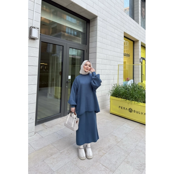 Nes Balon Kol Etekli Triko Takım - Indıgo