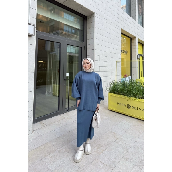Nes Balon Kol Etekli Triko Takım - Indıgo