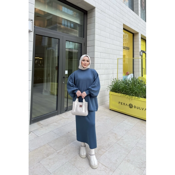 Nes Balon Kol Etekli Triko Takım - Indıgo