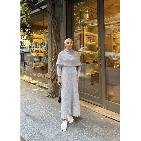 Nes Yaka Triko Elbise - Gri