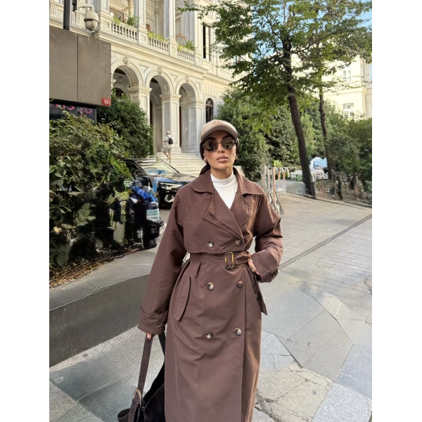 Nesren Arka Kısmı Düğmeli Trenç - Kahve