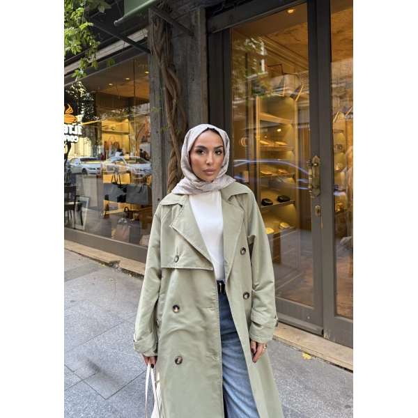 Nesren Arka Kısmı Düğmeli Trenç - Yeşil