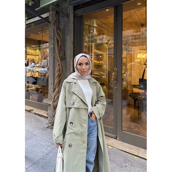 Nesren Arka Kısmı Düğmeli Trenç - Yeşil