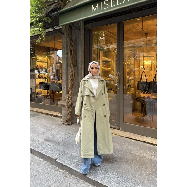 Nesren Arka Kısmı Düğmeli Trenç - Yeşil