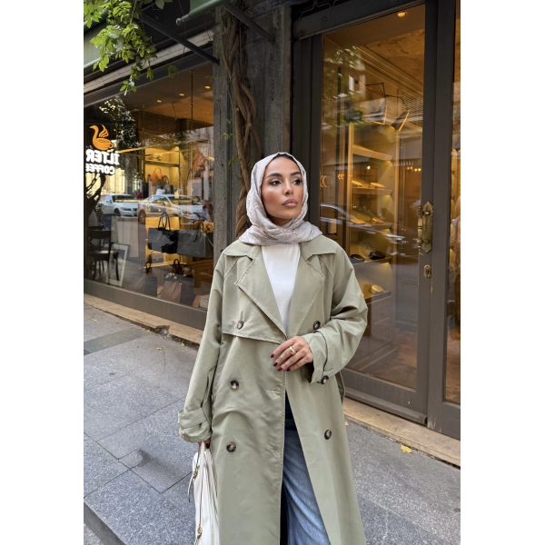 Nesren Arka Kısmı Düğmeli Trenç - Yeşil