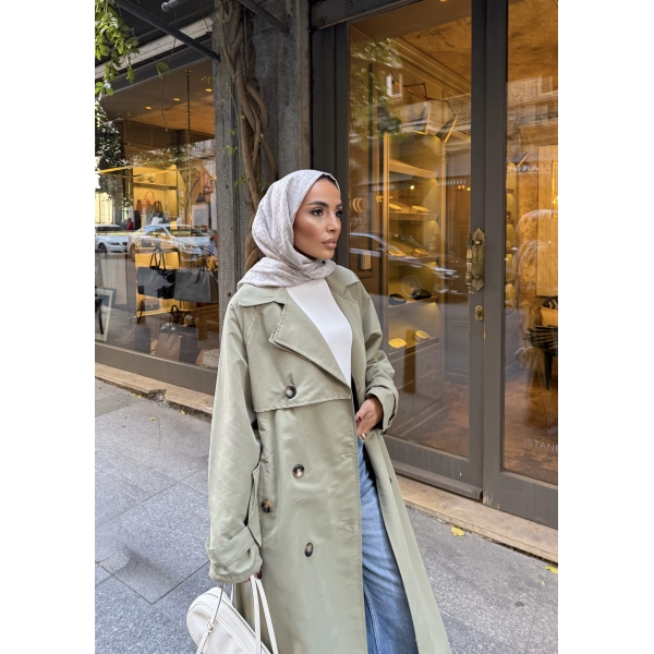 Nesren Arka Kısmı Düğmeli Trenç - Yeşil