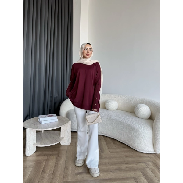 Nesy Kol Gold Düğmeli Triko Kazak - Bordo