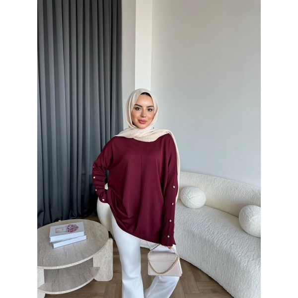 Nesy Kol Gold Düğmeli Triko Kazak - Bordo
