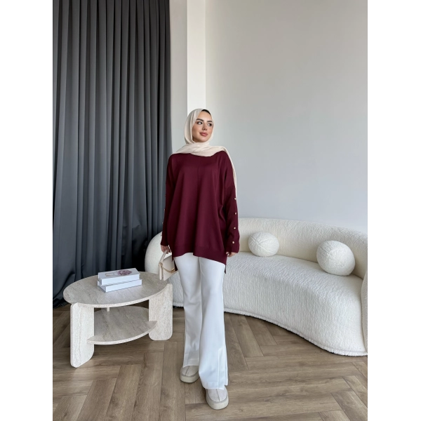 Nesy Kol Gold Düğmeli Triko Kazak - Bordo