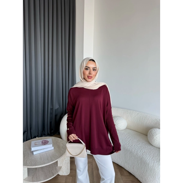 Nesy Kol Gold Düğmeli Triko Kazak - Bordo