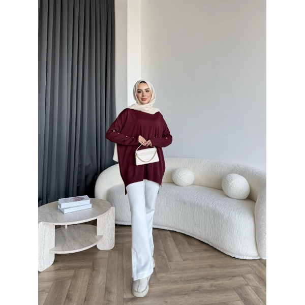 Nesy Kol Gold Düğmeli Triko Kazak - Bordo