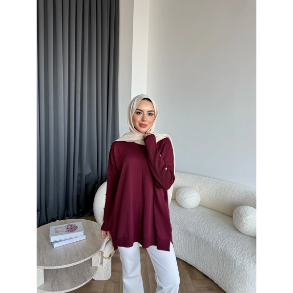 Nesy Kol Gold Düğmeli Triko Kazak - Bordo