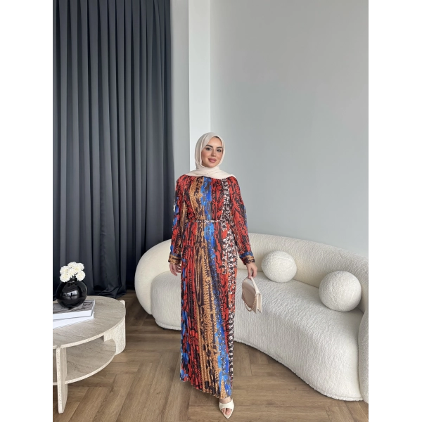 Ng - Elana Etnik Desen Saten Elbise