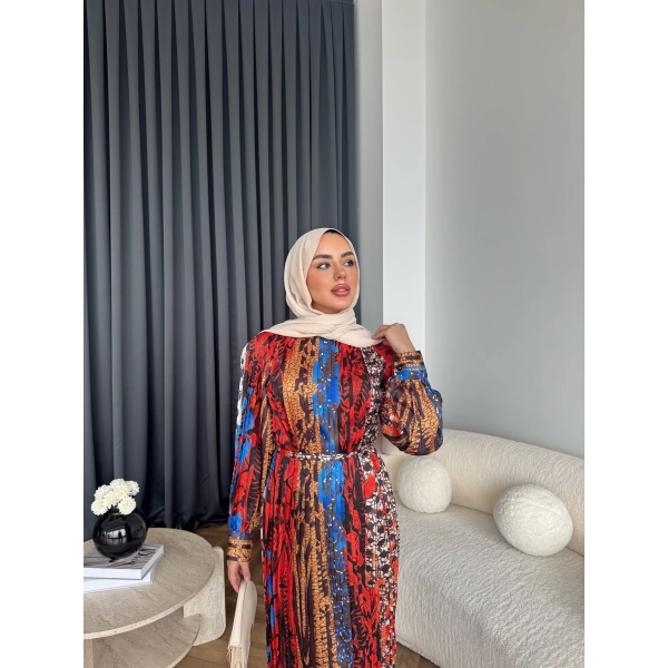 Ng - Elana Etnik Desen Saten Elbise