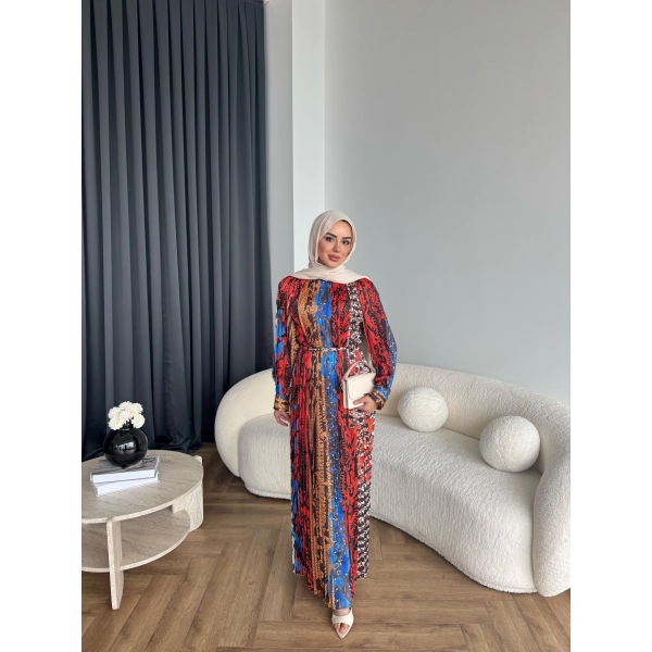 Ng - Elana Etnik Desen Saten Elbise