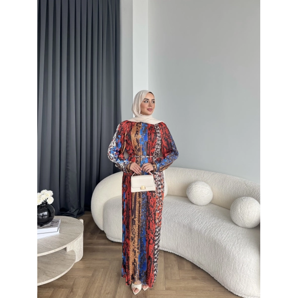 Ng - Elana Etnik Desen Saten Elbise