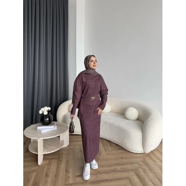 Ng - Kemer Detay Kot Elbise - Bordo