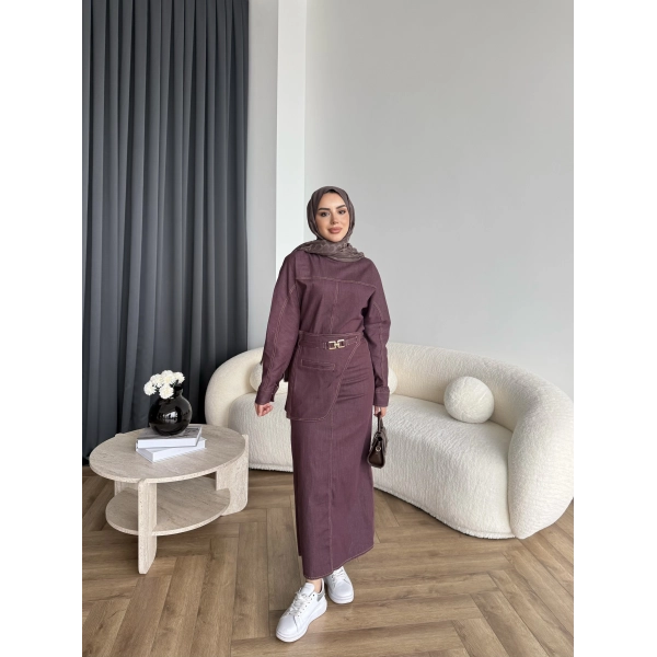 Ng - Kemer Detay Kot Elbise - Bordo