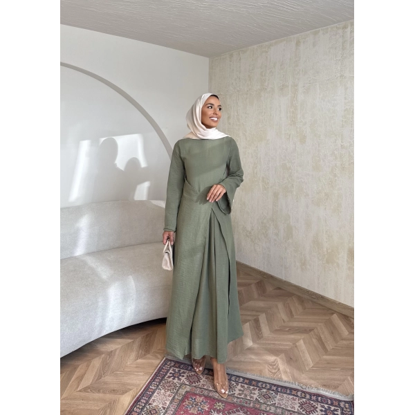 Noir Keten Elbise - Haki