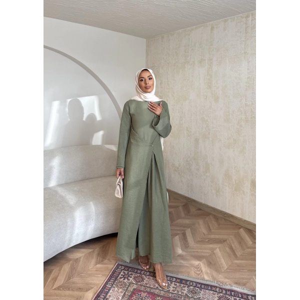 Noir Keten Elbise - Haki