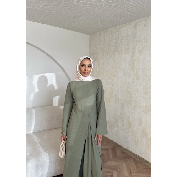 Noir Keten Elbise - Haki