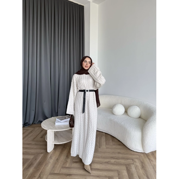 Nurs Örgü Detaylı Elbise - Bej