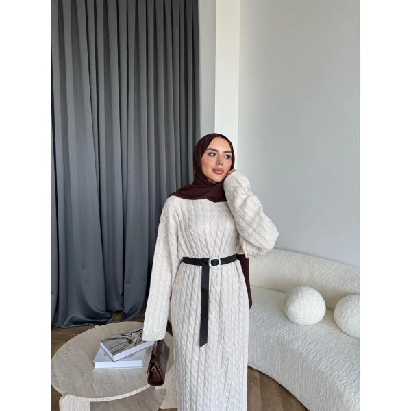 Nurs Örgü Detaylı Elbise - Bej