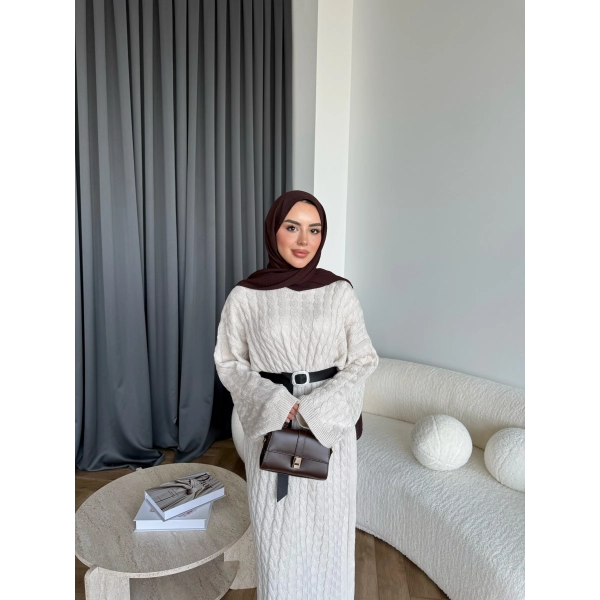 Nurs Örgü Detaylı Elbise - Bej