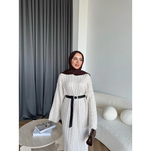 Nurs Örgü Detaylı Elbise - Bej