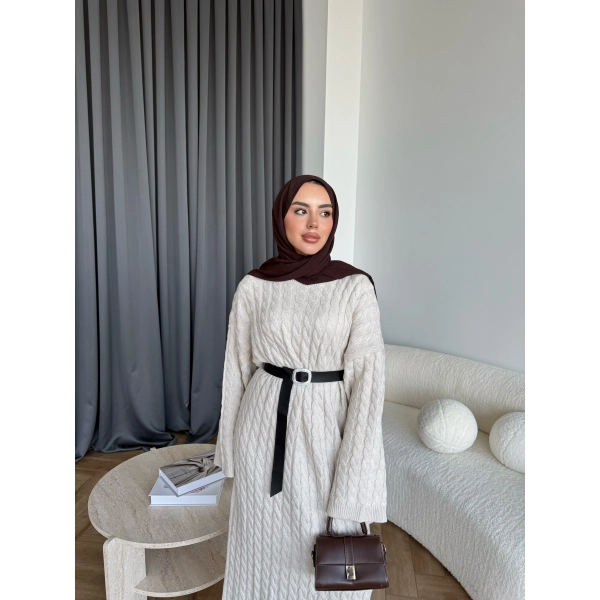Nurs Örgü Detaylı Elbise - Bej