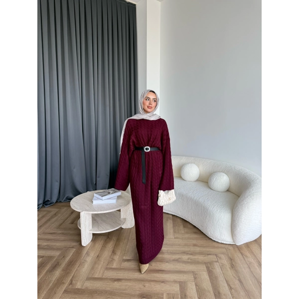 Nurs Örgü Detaylı Elbise - Bordo