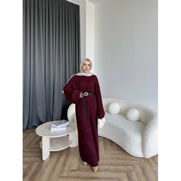 Nurs Örgü Detaylı Elbise - Bordo