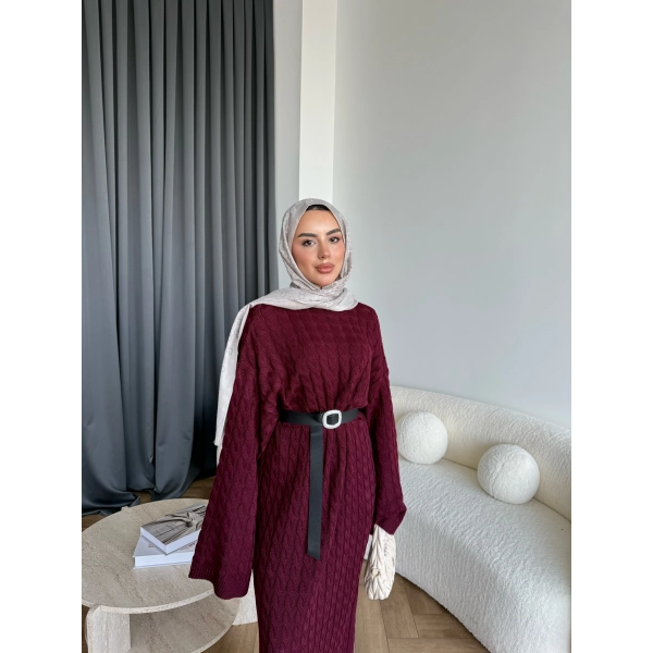 Nurs Örgü Detaylı Elbise - Bordo