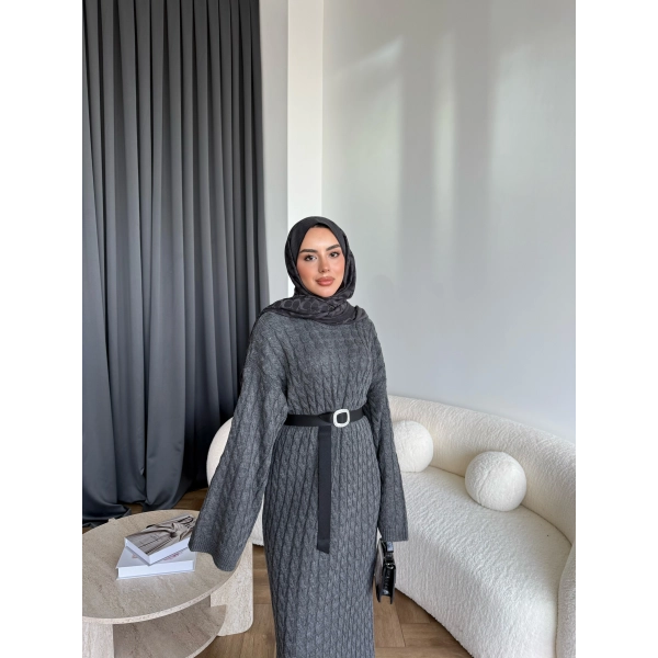 Nurs Örgü Detaylı Elbise - Gri