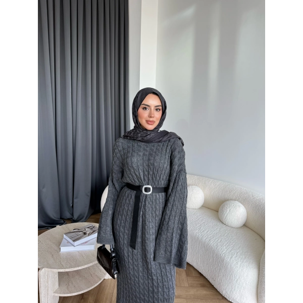 Nurs Örgü Detaylı Elbise - Gri