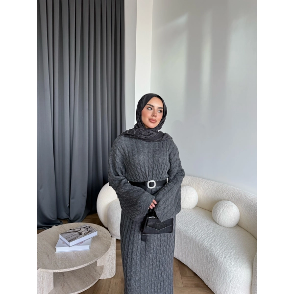 Nurs Örgü Detaylı Elbise - Gri