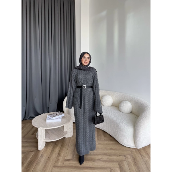 Nurs Örgü Detaylı Elbise - Gri
